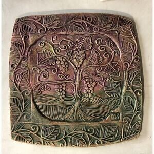 Handmade Ceramic Art Grapes Vineyard Winery Textured Wall Plaque Maria Kenarova